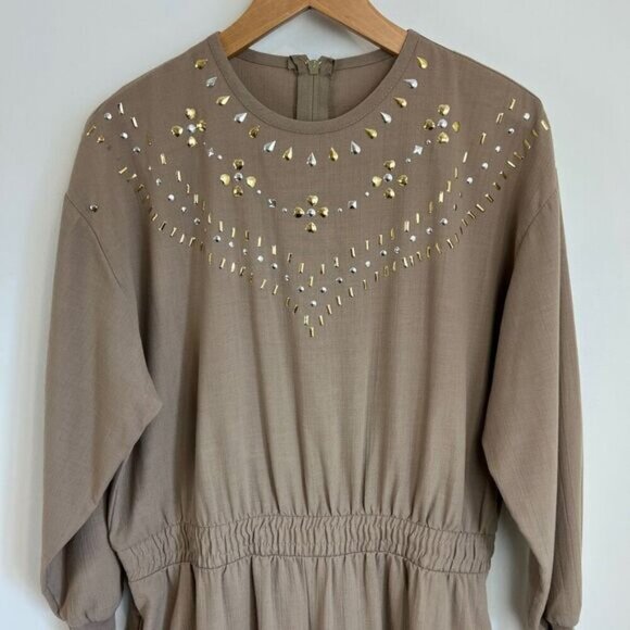 Handmade Womens Large Taupe Grey Long Sleeve Embellished Jewel Neckline Jumpsuit - Picture 3 of 11